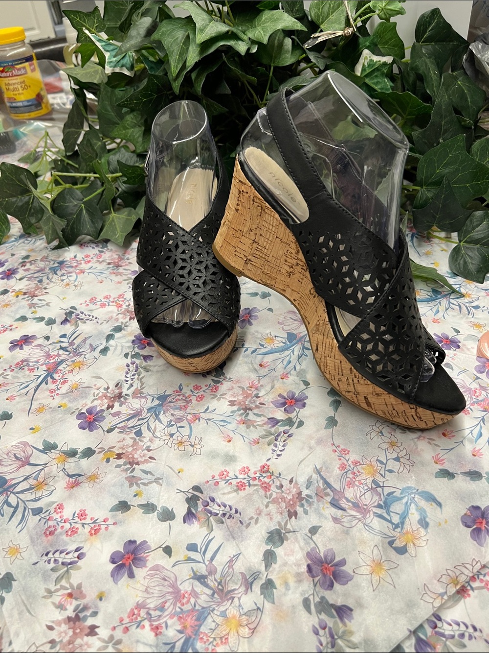 Nicole Black Laser-Cut Cork Wedge Sandals Size 8